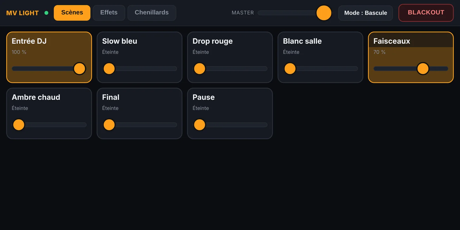 Télécommande iPad de MV Light : pads de scènes avec curseurs de niveau, master et blackout